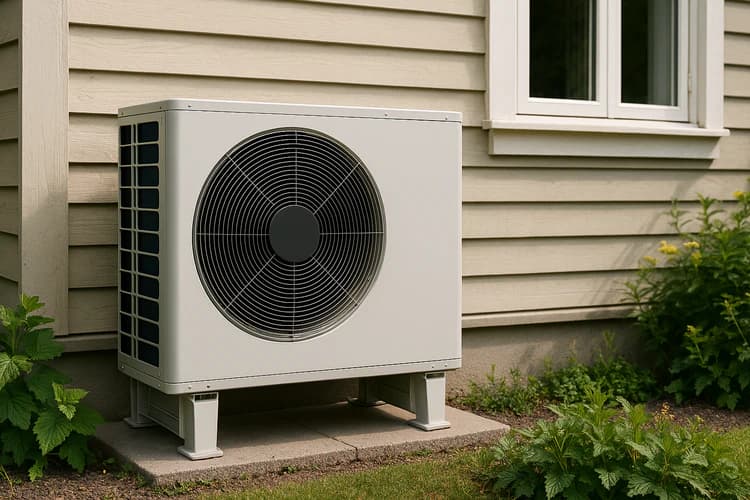 Outdoor unit of an air-to-water heat pump installed beside a building