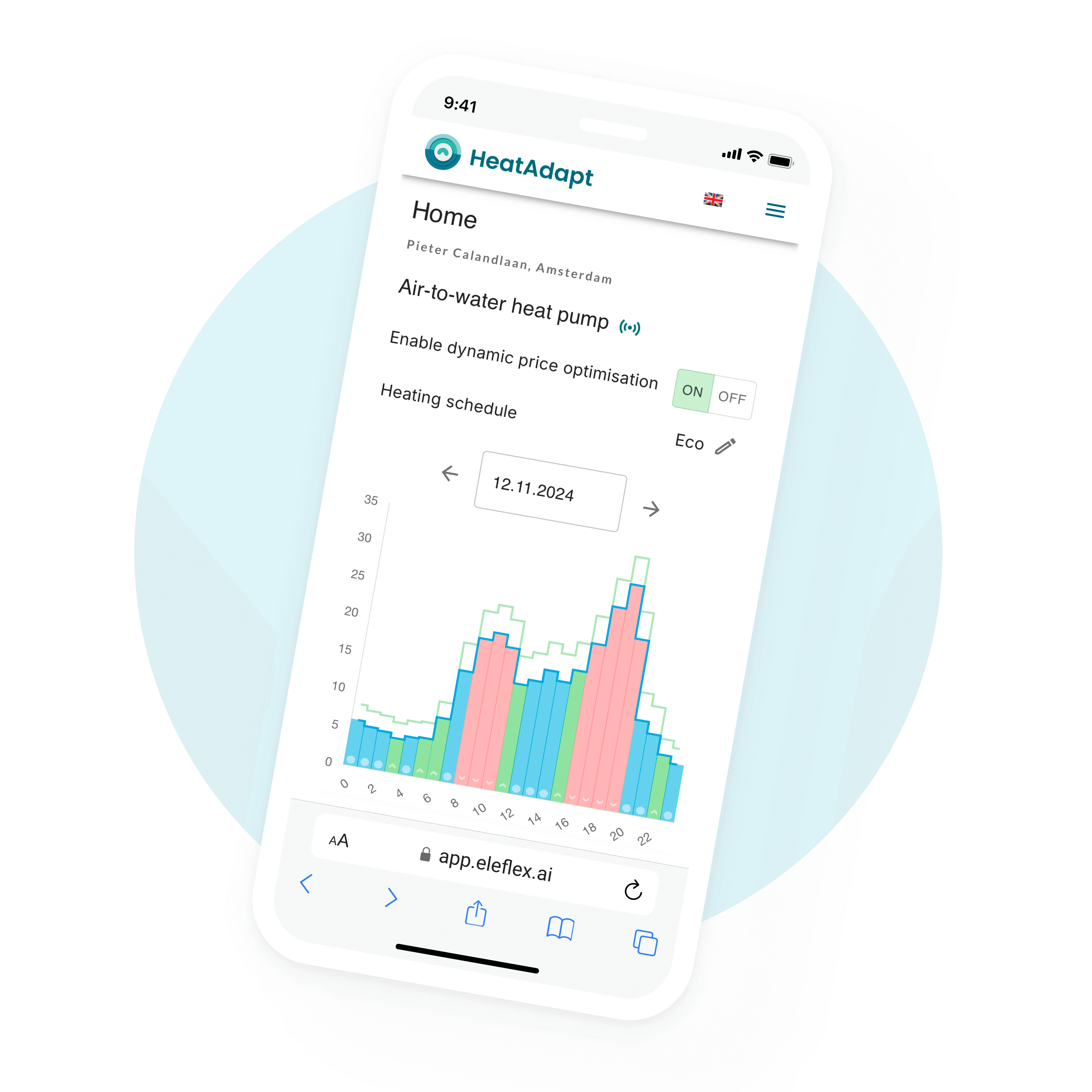 HeatAdapt mobile app showing day-ahead heating schedule