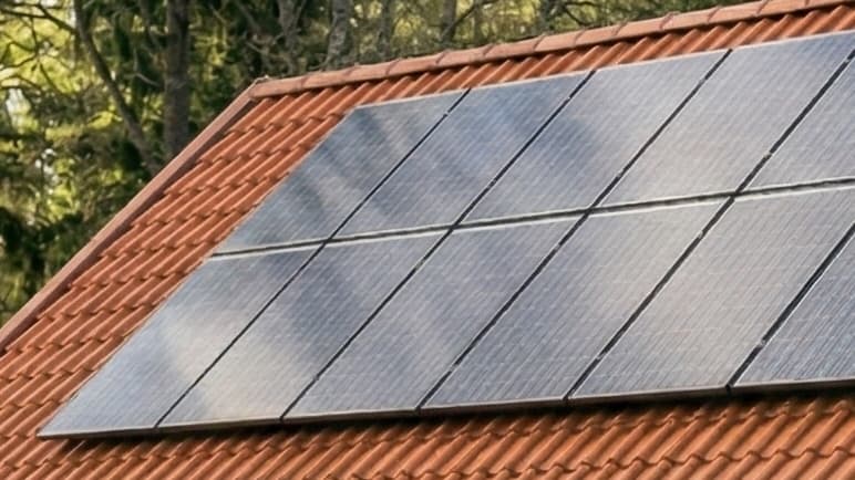 Huis met zonnepanelen op het dak en een buitenunit van een warmtepomp